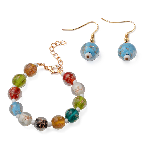2 Piece Set - Multi Colour Murano Glass Bracelet (Size 7.5 with 2 inch Extender) and Hook Earrings i