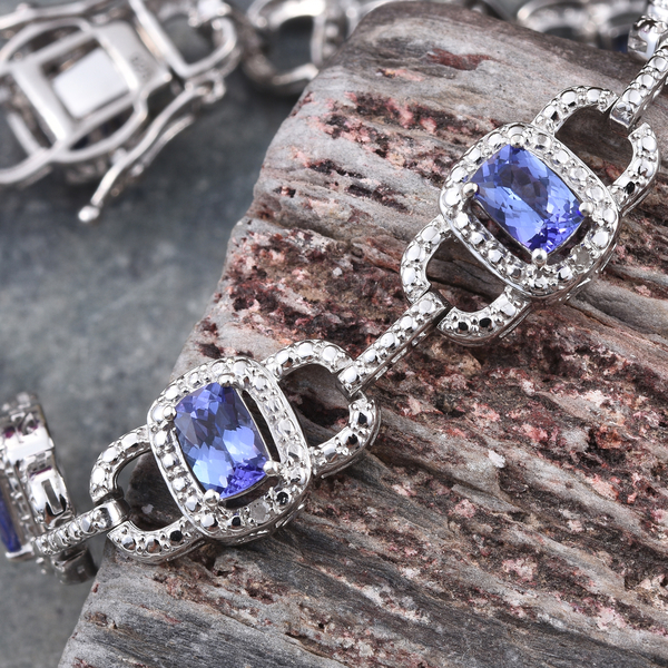 Tanzanite (Cush), Diamond Bracelet (Size 8.25) in Platinum Overlay Sterling Silver 5.986 Ct.