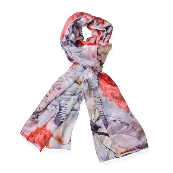 100% Mulberry Silk Black and Red Butterfly and Floral Pattern White Colour Scarf (Size 180x110 Cm)