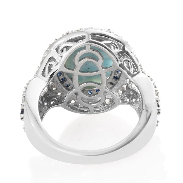 Larimar (Ovl 5.65 Ct), Kanchanaburi Blue Sapphire and Natural Cambodian Zircon Ring in Platinum Overlay Sterling Silver 7.500 Ct. Silver wt 6.28 Gms.