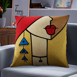 100% Cotton Fully Embroidered Two Cat Cushion Cover with Zipper Closure (Size 44x44cm)- Mustard & Red