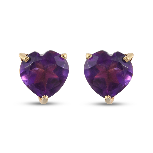 Amethyst Heart Stud Earrings (with Push Back) in 14k Gold Overlay Sterling Silver 2.18 Ct.