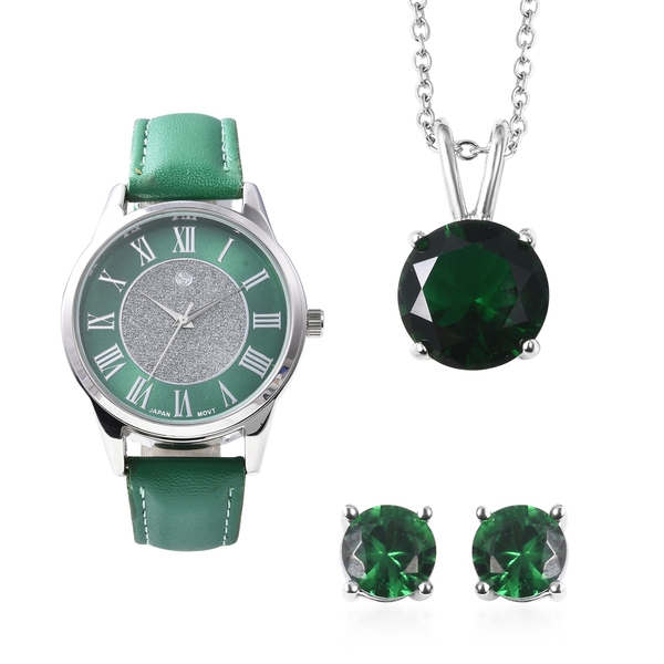 3 Piece Set - Simulated Diopside (Rnd) Pendant with Chain, (Size 20), Stud Earrings (with Push Back)