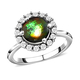Ammolite and Natural Cambodian Zircon Ring in Platinum Overlay Sterling Silver 2.11 Ct.