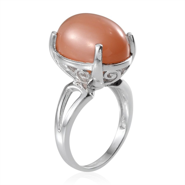 Mitiyagoda Peach Moonstone (Ovl) Solitaire Ring in Platinum Overlay Sterling Silver 13.500 Ct.