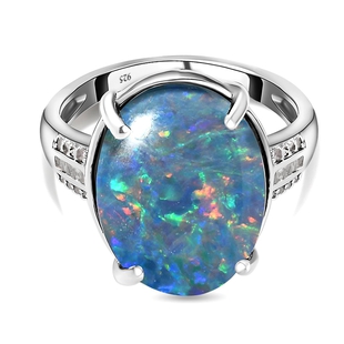 Australian Boulder Opal Triplet and Diamond Ring in Platinum Overlay Sterling Silver