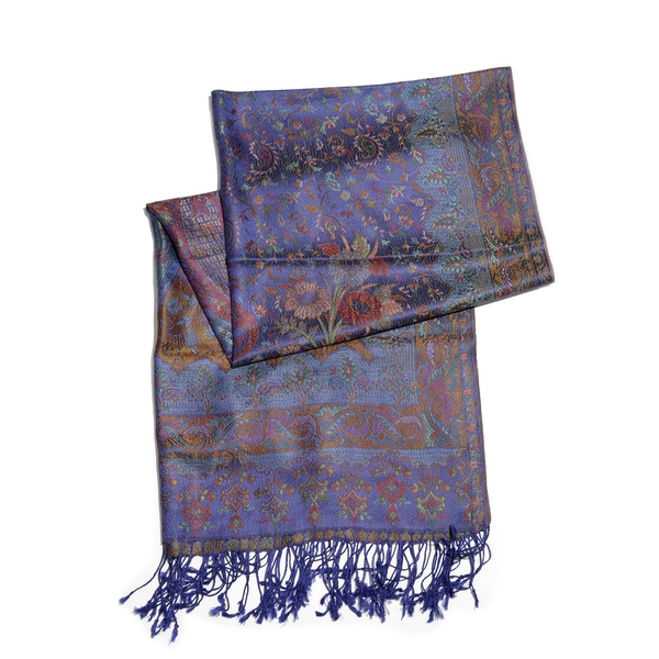 SILK MARK - 100% Superfine Silk Lilac and Multi Colour Floral and Leaves Pattern Purple Colour Jacquard Jamawar Shawl with Fringes (Size 180x70 Cm) (Weight 125-140 Grams)