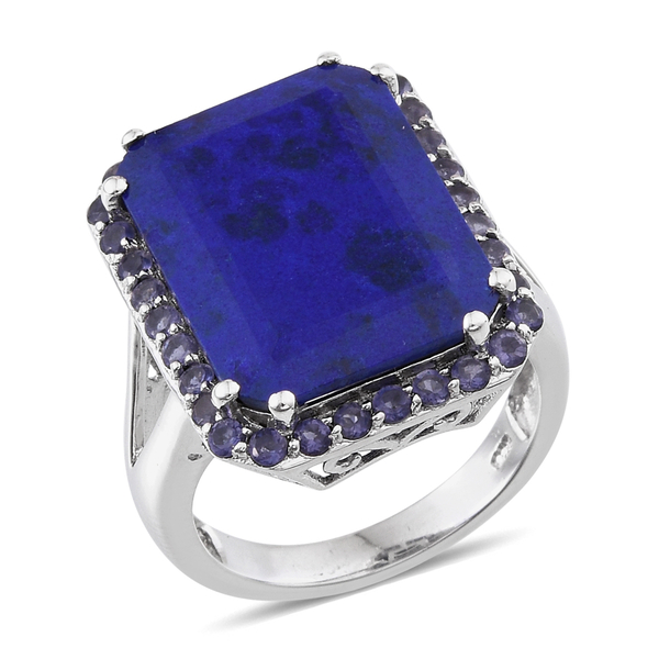 15.75 Ct Lapis Lazuli and Iolite Halo Ring in Platinum Plated Sterling Silver 6.34 Grams