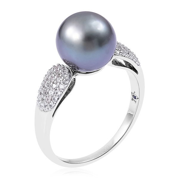 GP Tahitian Pearl (Rnd 10-11mm), Madagascar Blue Sapphire and Natural White Cambodian Zircon Ring in Rhodium Plated Sterling Silver