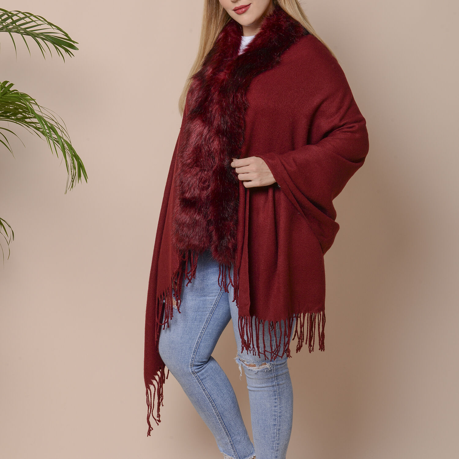 Designer Inspired Faux Fur Trimmed Cape - Wine Red (One Size; 170x77+10cm)
