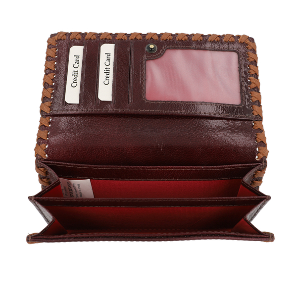 SUKRITI 100% Genuine Leather RFID Protected Floral Wallet (Size 10.5x17x2.5cm) - Burgundy