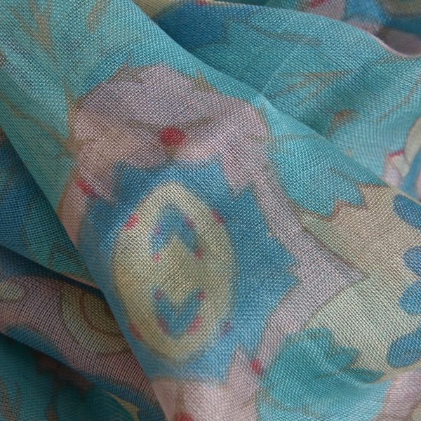 NEW FOR SEASON - 60% Merino Wool and 40% Modal Blue and Multi Colour Printed Scarf (Size 180x70 Cm)
