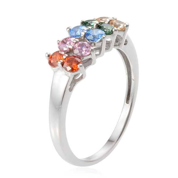 Lustro Stella - Platinum Overlay Sterling Silver (Rnd) Ring Made with Green, Yellow, Pink, Orange and Blue  ZIRCONIA 1.100 Ct.