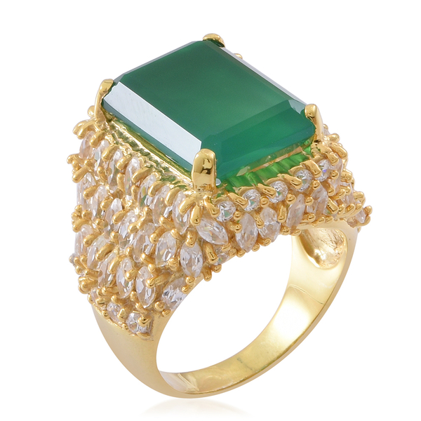 Verde Onyx (Oct 13.25 Ct), Natural White Cambodian Zircon Ring in 14K Gold Overlay Sterling Silver 21.500 Ct. Silver wt 10.80 Gms.