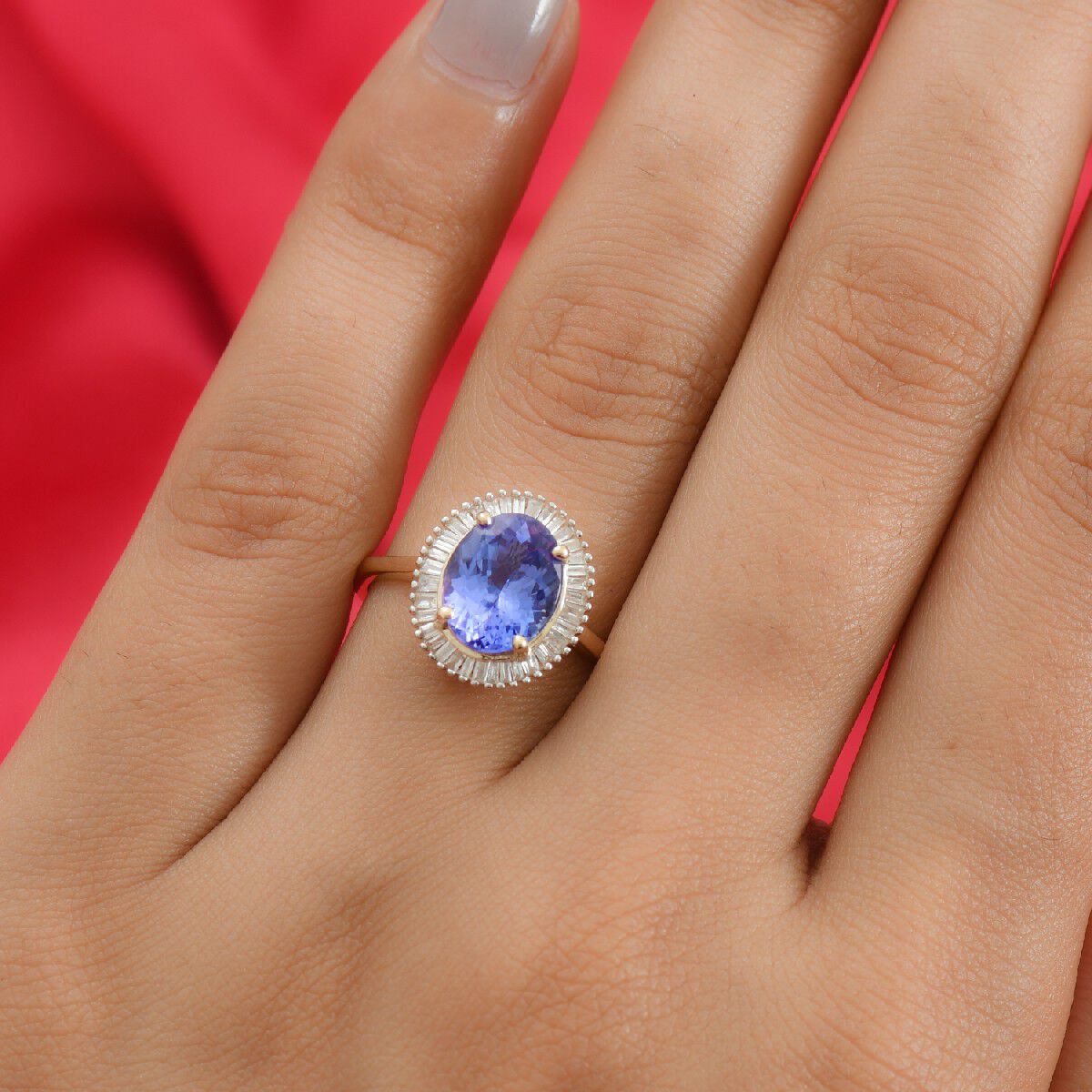 9K Yellow Gold AAA Tanzanite and Diamond Halo Ring 2.750 Ct.