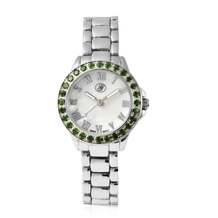 GENOA Japanese Movement Chrome Diopside Studded White Dial Water Resistant Watch in Silver Tone