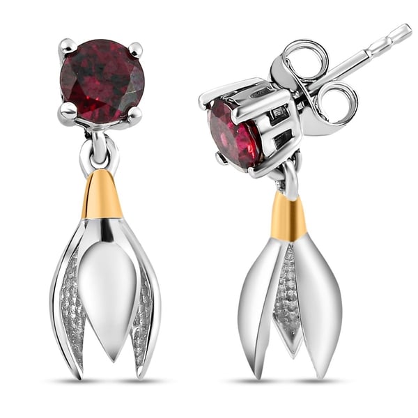 Rhodolite Garnet Dangling Earrings (with Push Back) in Platinum and Gold Overlay Sterling Silver