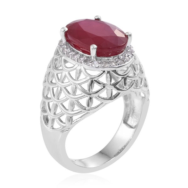 Limited Available- Rare Size African Ruby (Ovl 8.75 Ct), Natural Cambodian Zircon Ring in Platinum Overlay Sterling Silver 9.250 Ct.