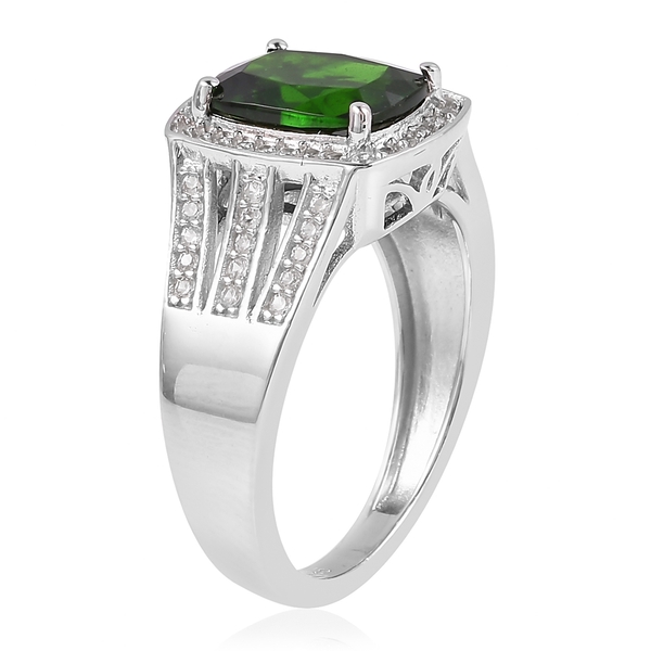 Chrome Diopside (Cus 2.250 Ct.), Natural White Cambodian Zircon Ring in Rhodium Overlay Sterling Silver 2.675 Ct.