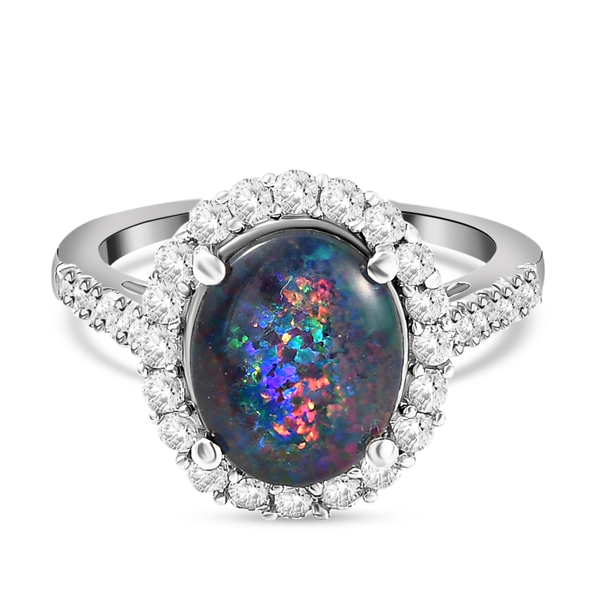 Australian Boulder Opal Triplet and Natural Cambodian Zircon Ring in Platinum Overlay Sterling Silve