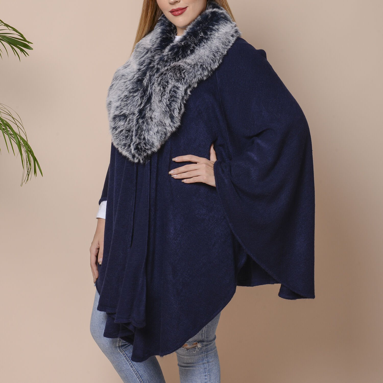 Half Moon Faux Fur Collar Cape (Size 124x76 Cm) - Navy Blue Colour