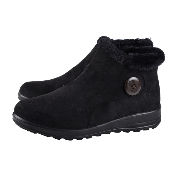 Super Find- Suedette Warm Lined Ankle Boots with Button Details Black 