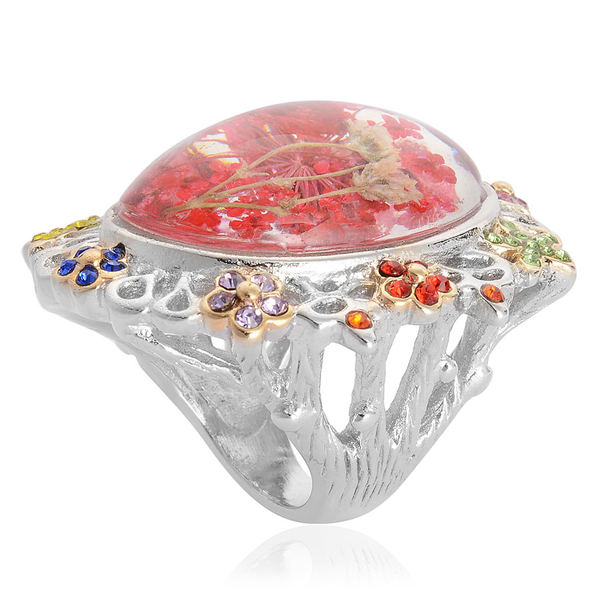 Natural Flower Preserved in Resin with Multi Colour Austrian Crystal Ring in Yellow Gold Plated and Stainless Steel