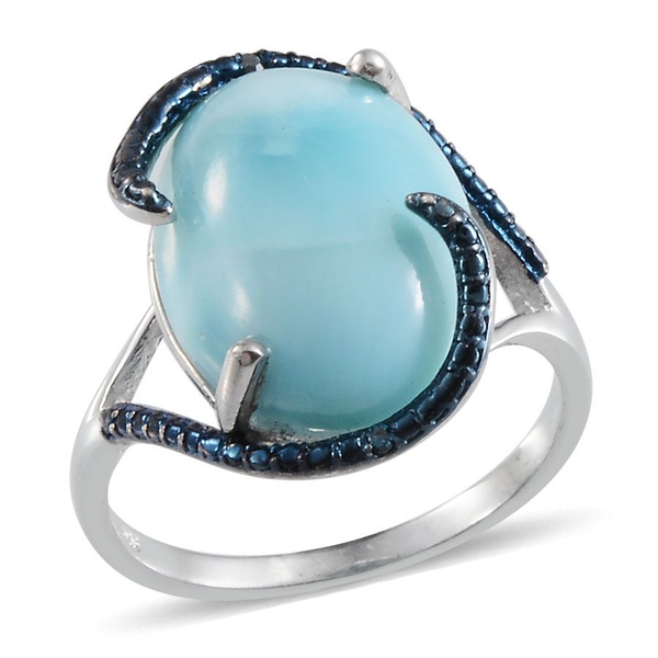 Larimar (Ovl 13.00 Ct), Blue Diamond Ring in Platinum Overlay Sterling Silver 13.020 Ct.