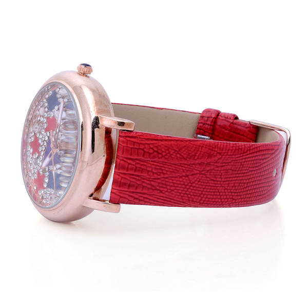 GENOA Japanese Movement Enameled Dial with White Austrian Crystal Water Resistant Watch in ION Plated Rose Gold with Red Strap