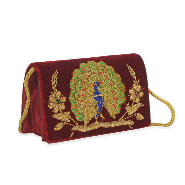 Peacock Sequence Hand Embroidered Velvet Clutch with Shoulder  Strap (Size 20.32x12.7x5.08 Cm) - Maroon