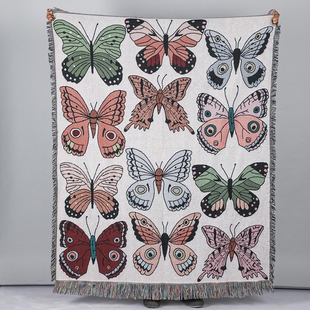 100% Cotton Jacquard Woven Butterfly Print Throw Blanket with Fringes Off White and Multi