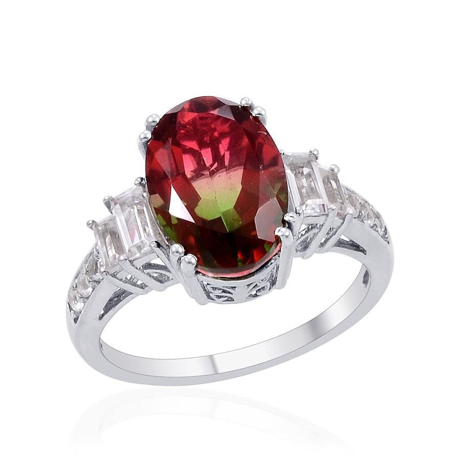 Bi-Colour Tourmaline Quartz (Ovl 6.00 Ct), White Topaz Ring in Platinum Overlay Sterling Silver 6.750 Ct.