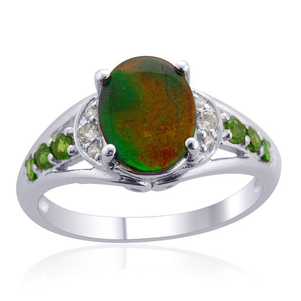 Canadian Ammolite (Ovl 1.50 Ct), Chrome Diopside and White Topaz Ring in Rhodium Plated Sterling Sil
