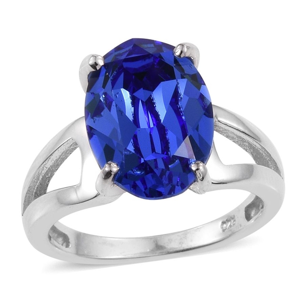 - Sapphire Colour Crystal (Ovl) Solitaire Ring in Platinum Overlay Sterling Silver