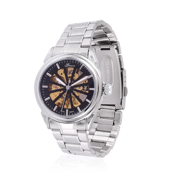 GENOA Automatic Skeleton Black and Golden Dial Water Resistant Watch in Stainless Steel and Chain St