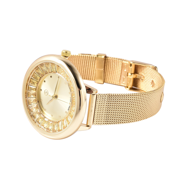 STRADA Japanese Movement Simulated Diamond Studded Water Resistant Watch with Mesh Style Strap in Gold Tone