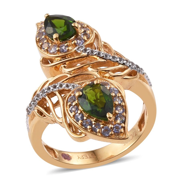 Stefy Chrome Diopside (Pear), Tanzanite, Pink Sapphire and White Topaz Crossover Ring in 14K Gold Ov