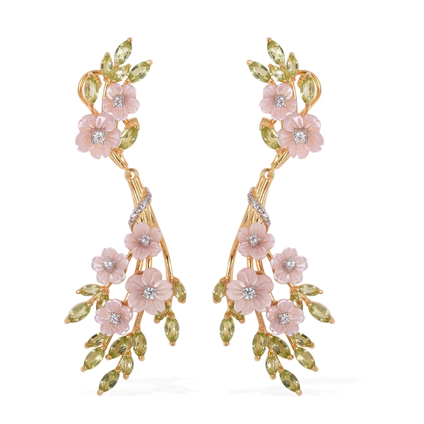 JARDIN COLLECTION - Pink Mother of Pearl, Hebei Peridot and Natural White Cambodian Zircon Earrings 