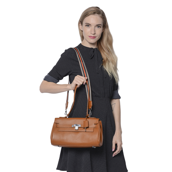 100% Genuine Leather Tote Bag (30x19x8cm) with Stripe Pattern Shoulder Strap in Brown
