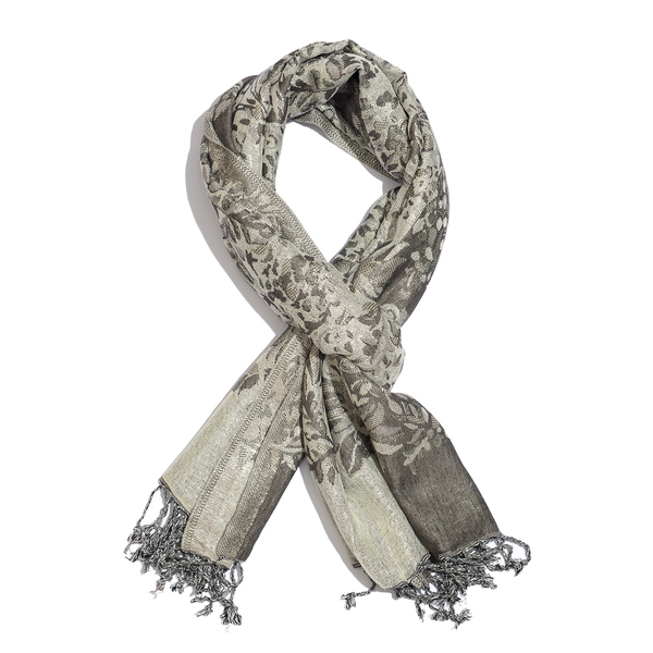 Silver and Grey Floral Viscos Lurex Scarf (Size 180x100 Cm)