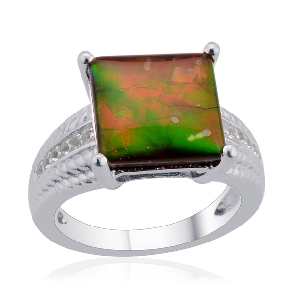 Tucson Collection Canadian Ammolite (Sqr 3.25 Ct), White Topaz Ring in Platinum Overlay Sterling Sil