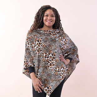 TAMSY Leopard Printed Velvet Poncho - White and Brown