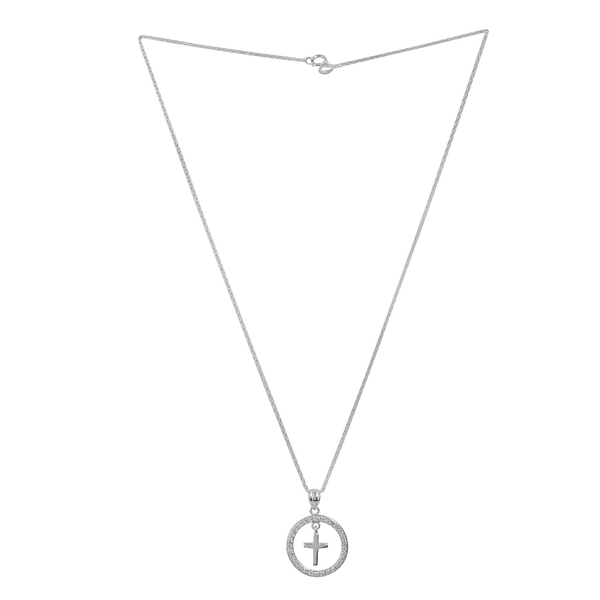 Close Out Deal ELANZA AAA Simulated Diamond (Rnd) Cross inside Circle Pendant with Chain in Rhodium 