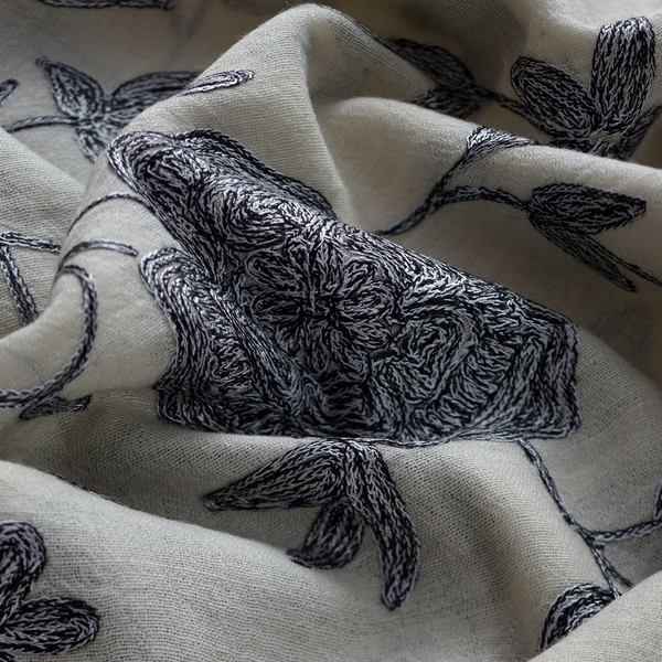 100% Merino Wool Floral, Leaves and Checks Pattern Black, Grey and Beige Colour Shawl  (Size 185x65 Cm)