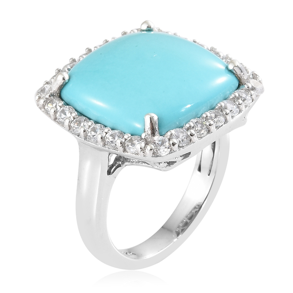 AA  Arizona Sleeping Beauty Turquoise (Cush 9.50 Ct), Natural White Cambodian Zircon Ring in Platinum Overlay Sterling Silver 10.750 Ct