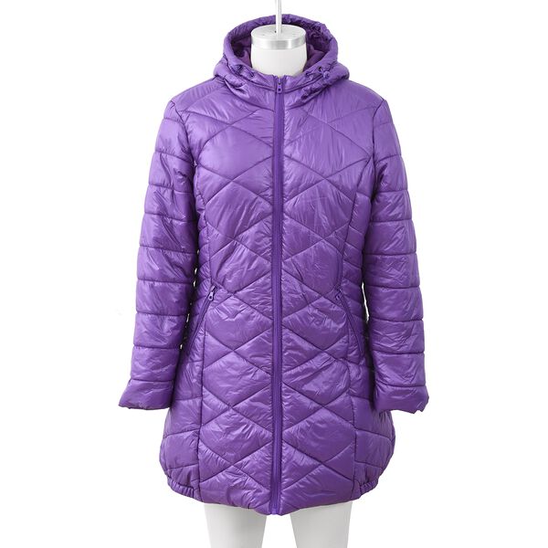 Solid Colour Women Long Puffer Jacket with Two Zipper Pockets in Purple