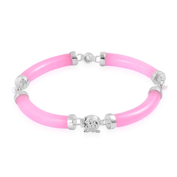 Pink Jade and Fresh Water White Pearl Bracelet (Size 7.5) in Rhodium Plated Sterling Silver 69.150 C