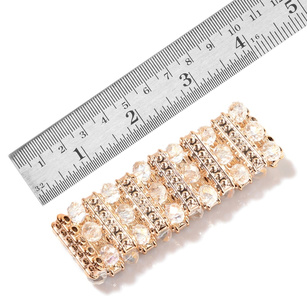 White Glass and Simulated Stones Stretchable Bracelet (Size 7.5) in Gold Tone