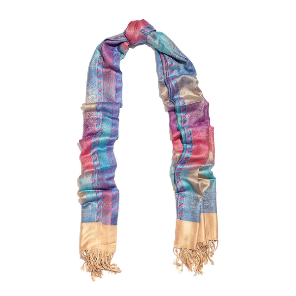 Limited Edition- Designer Inspired-Blue, Pink and Multi Colour Jacquard Scarf with Tassels (Size 180X70 Cm)
