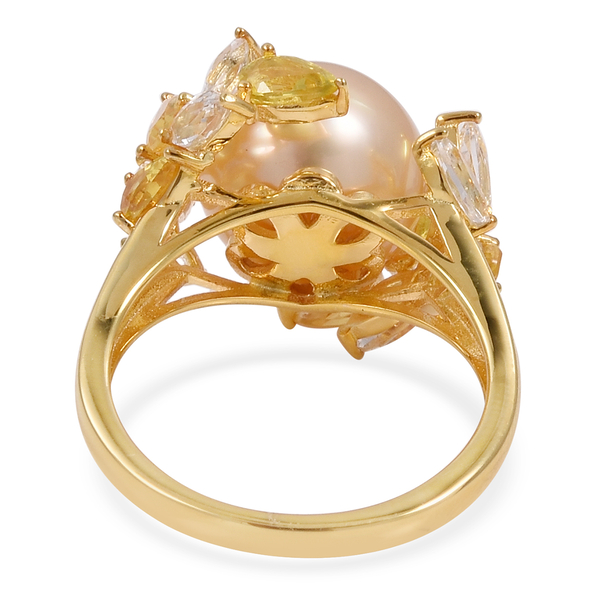 South Sea Golden Pearl (11-12 mm), Yellow Sapphire and White Topaz Ring in Yellow Gold Overlay Sterling Silver 12.860 Ct.